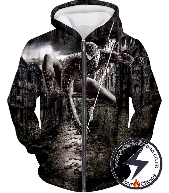 Super Cool Black Spiderman HD Printed Action Zip Up Hoodie